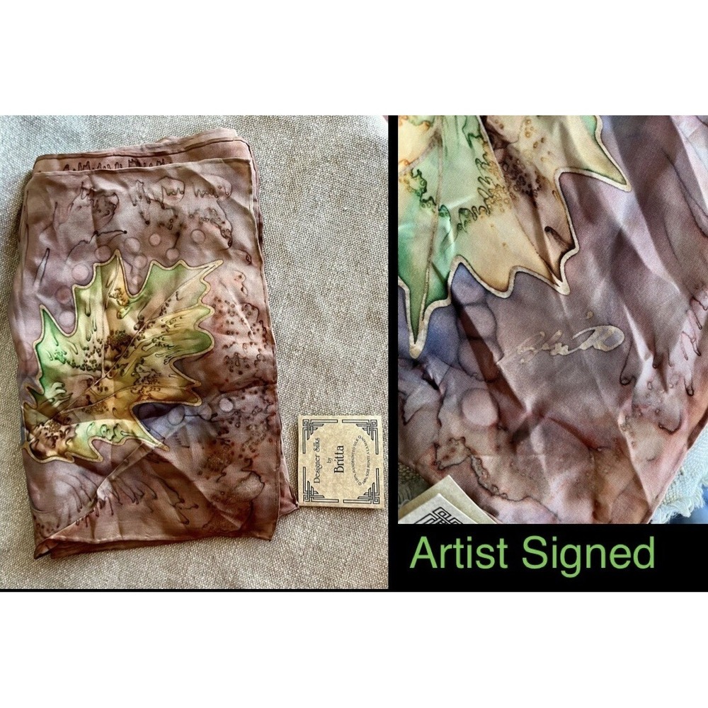 Designer Silks by Britta Handpainted Silk Scarf Maple Leaf Artist Signed Canada
